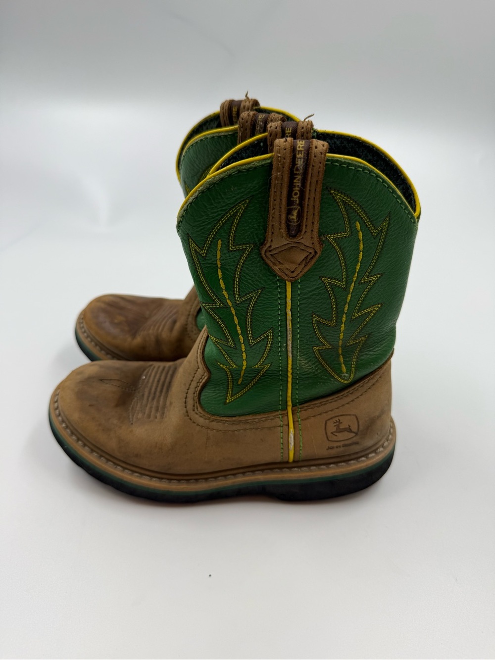 John Deere Leather Western Boots Leather Brown And Green Size 13 Youth